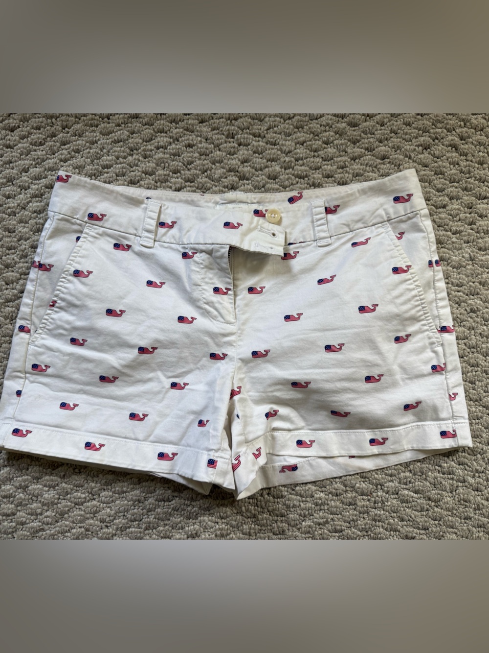 Vineyard Vines White Shorts with Red White & Blue, patriotic Whale Print